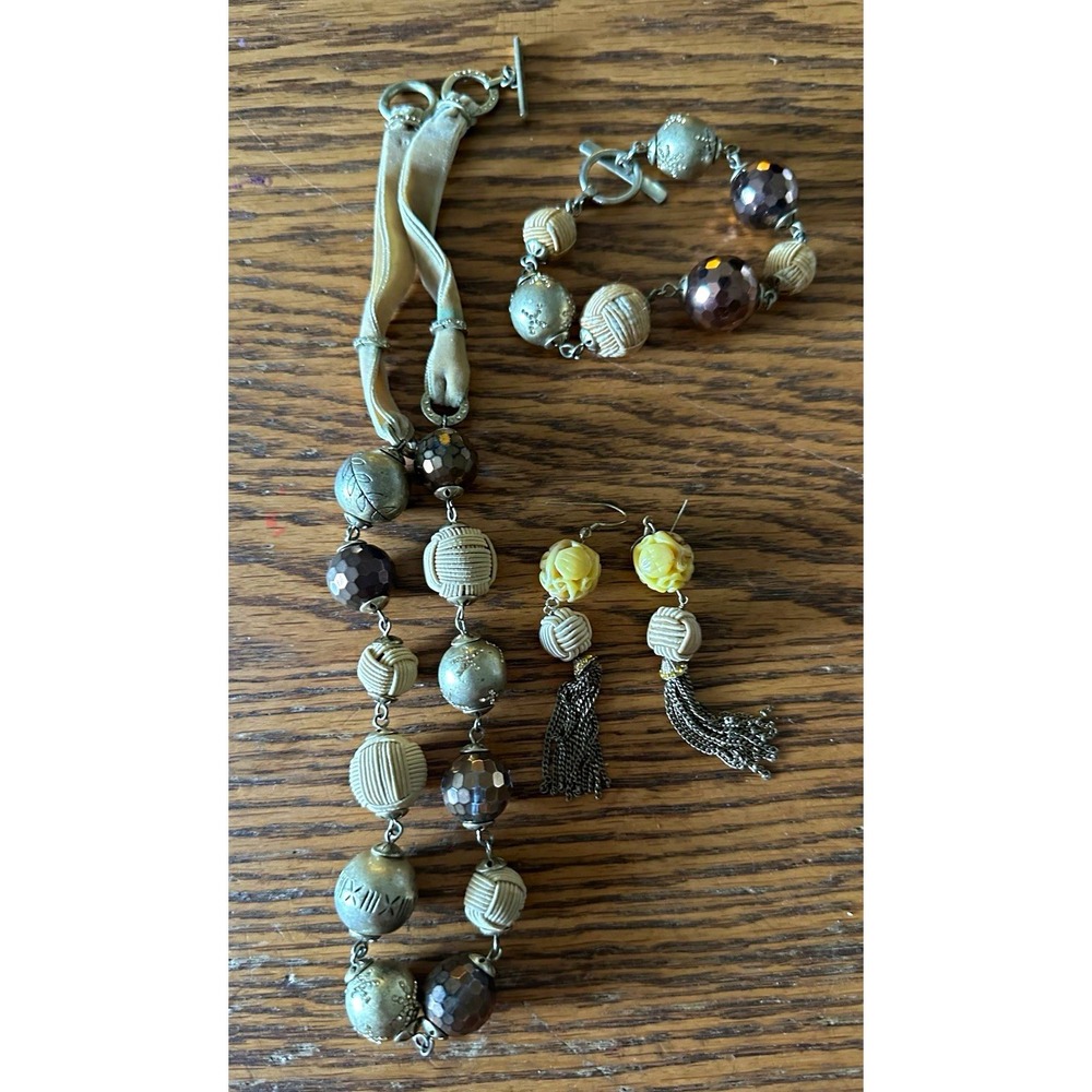Sigrid Olsen Vintage Beaded Tassel Jewelry Set Necklace Bracelet Earrings Brown